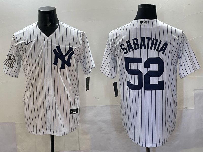 Men New York Yankees #52 Sabathia White Stripe Nike MLB 2025 Jersey 07